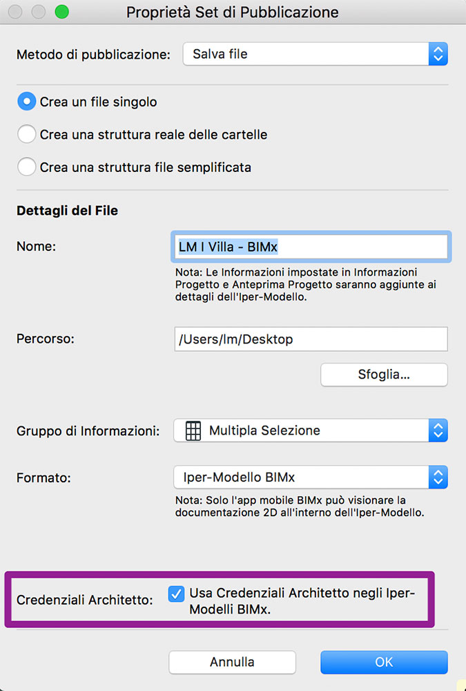 archicad proprietà set di pubblicazione