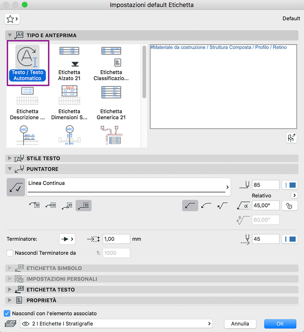 archicad impostazioni etichetta