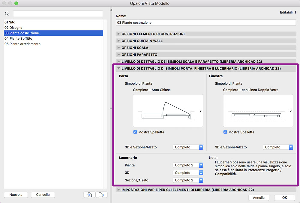 archicad opzioni vista modello